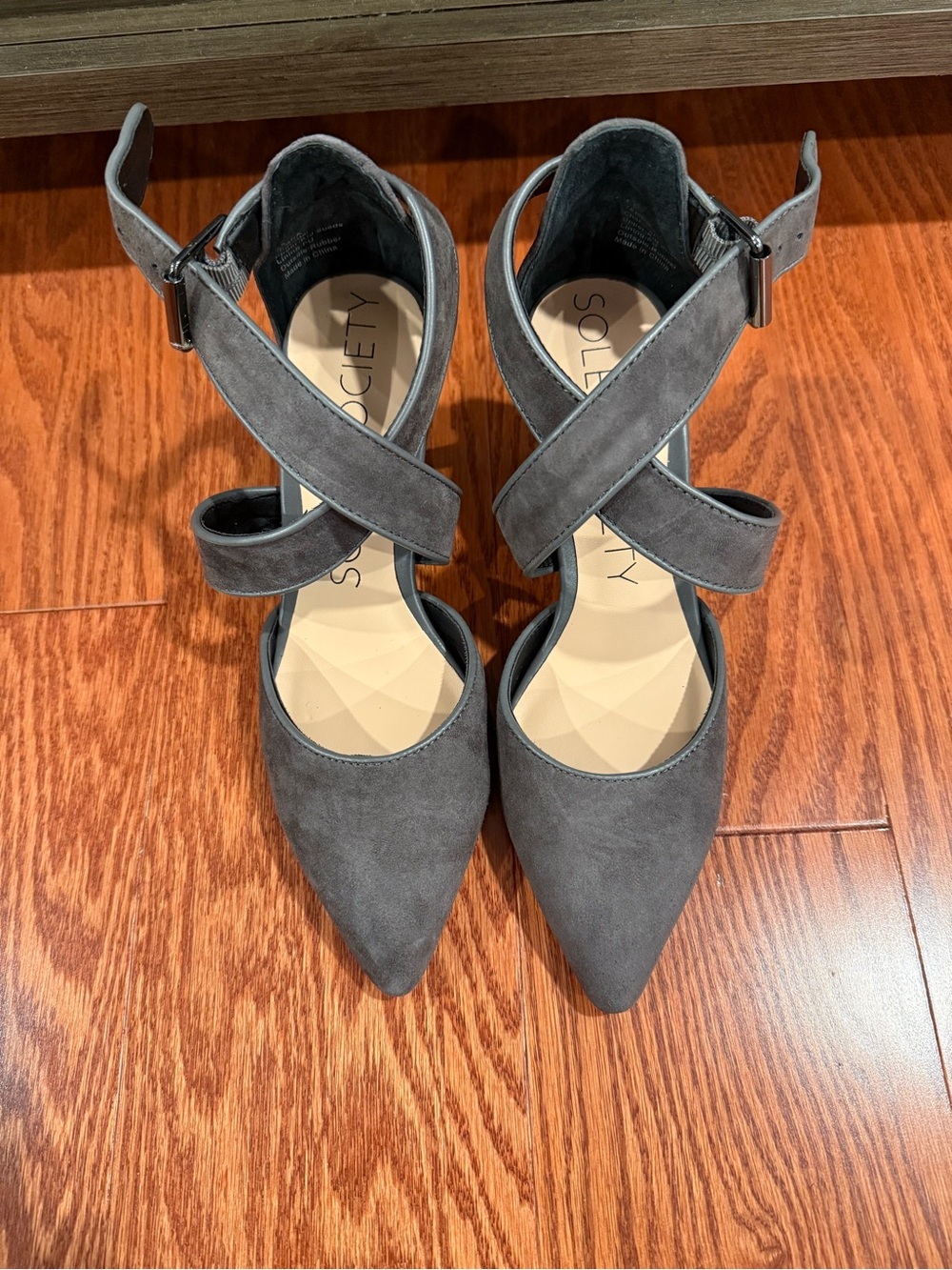 Sole Society Charcoal Gray Suede Pointed Toe Crisscross Ankle Pumps